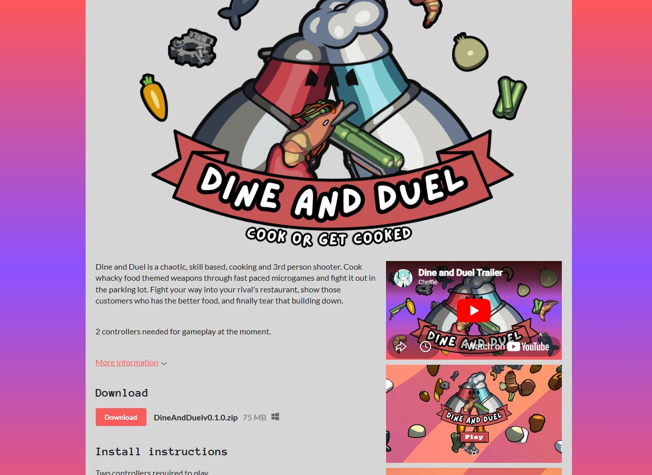 Dine and Duel itch.io page showing the game listing, trailer thumbnail, and download section