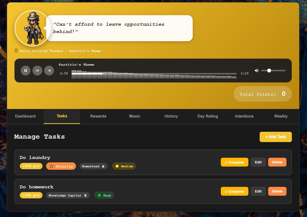 Tasks tab of the Daily Activity Tracker showing tasks with point values, priority star tags, category labels, difficulty badges, and edit and delete buttons